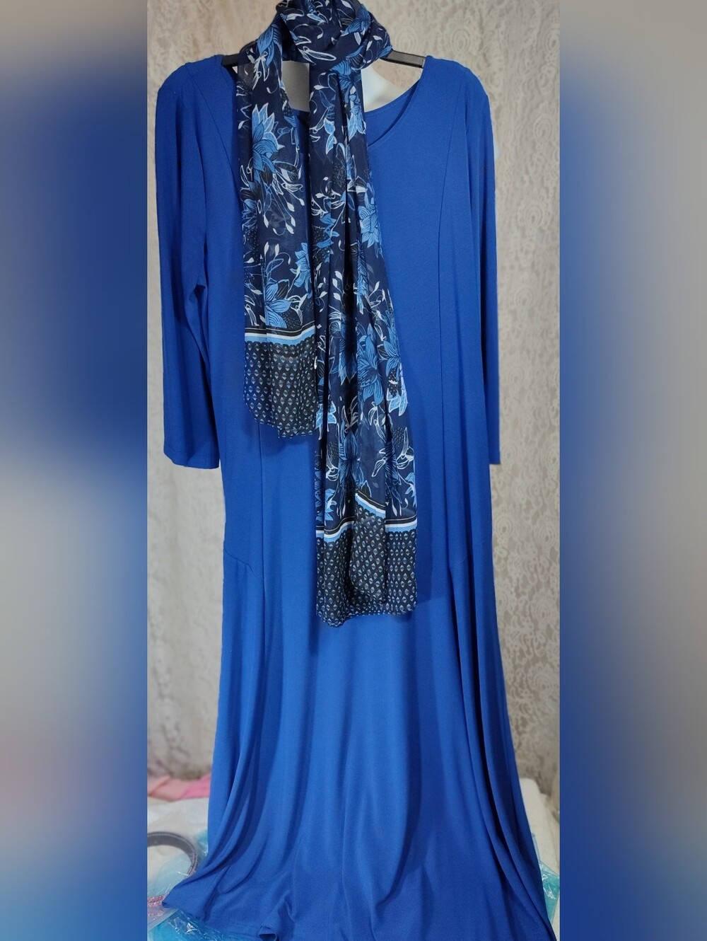 Investments Royal Blue Fit & Flare. Maxi Dress with Floral Scarf